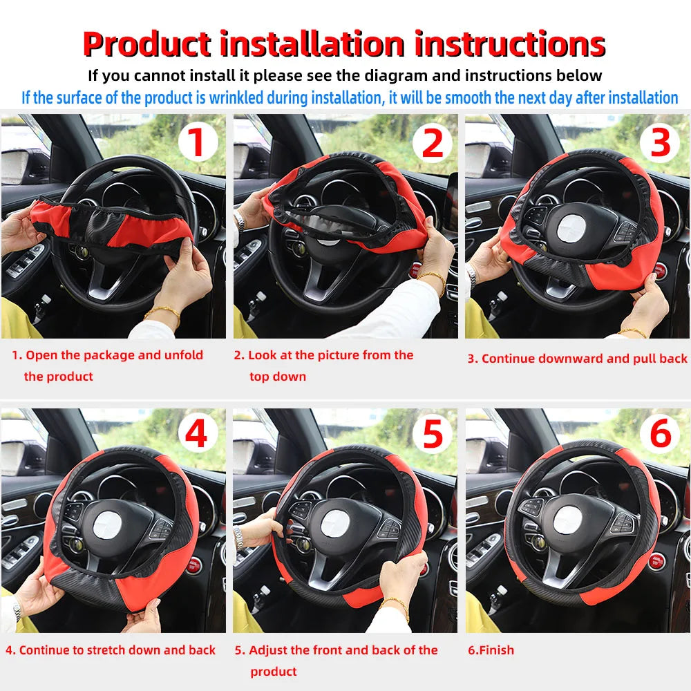 PU Carbon Fiber Leather Car Steering Wheel Cover without Inner Ring Suitable for 14.5-15 Inches of Automotive Supplies