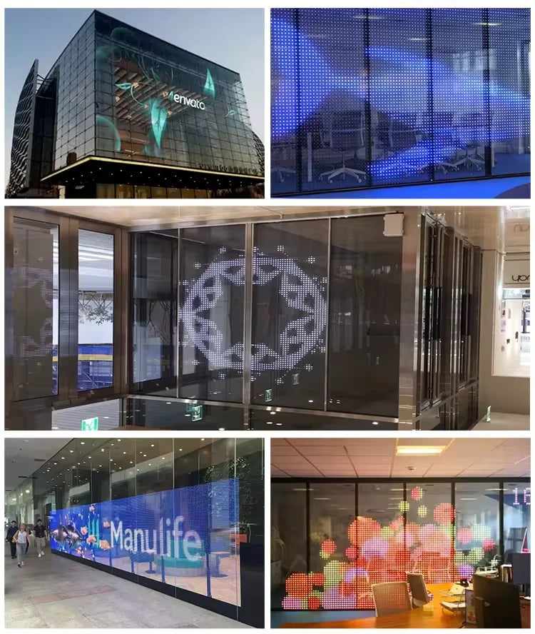 P3.91 P4 P7.81 Urved Curtain Transparent Mesh Film LED Screen Display in Glass Wall