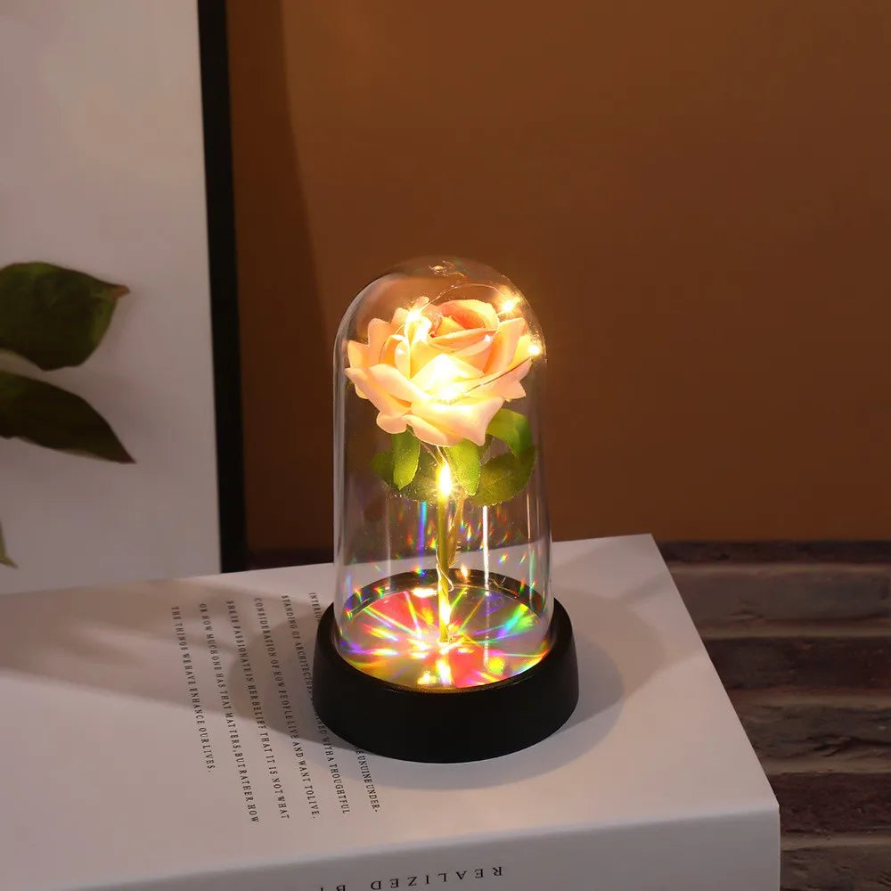 Artificial Flowers LED Red Rose Creative Valentine's Day Gift Rose in Glass Cover with Stand Light Up Rose Wedding Galaxy Rose