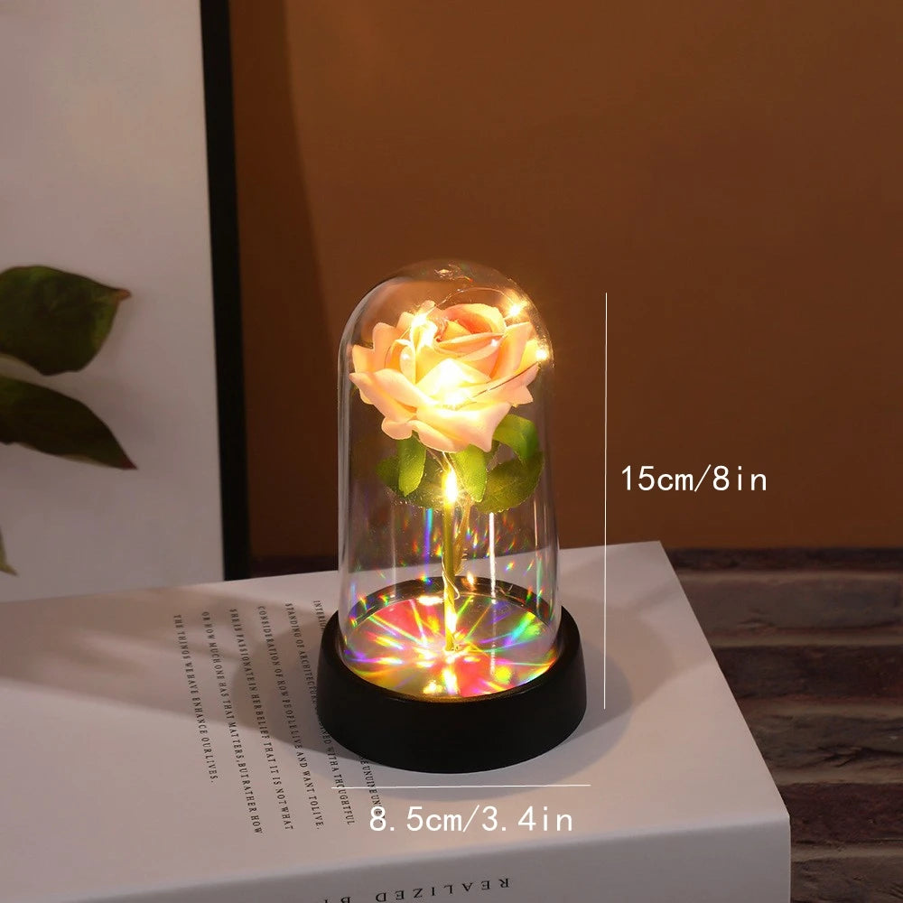 Artificial Flowers LED Red Rose Creative Valentine's Day Gift Rose in Glass Cover with Stand Light Up Rose Wedding Galaxy Rose