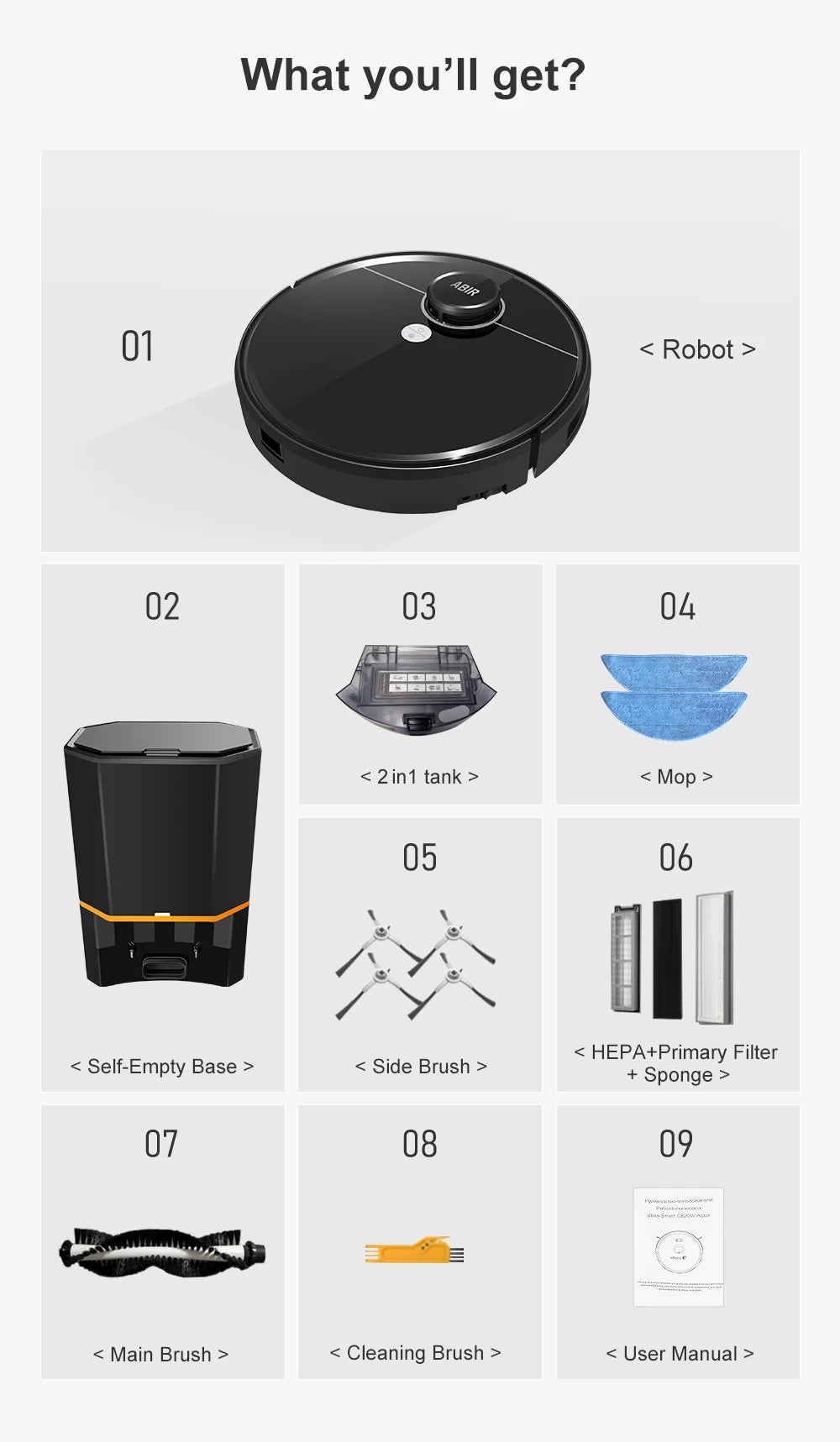 Robot Vacuum Cleaner ABIR R30 with Auto-empty Dock, 6500PA Suction, Multi-Floor Maping, Customized Wet Dry Room Cleaning