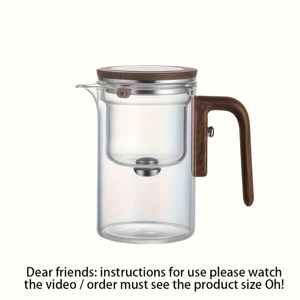 1pc Clear Glass Teapot with Wooden Handle, Magnetic Infuser Strainer, Dual Infusers, Press Control, Water Separation, No Pattern, for Loose Leaf Tea Brewing