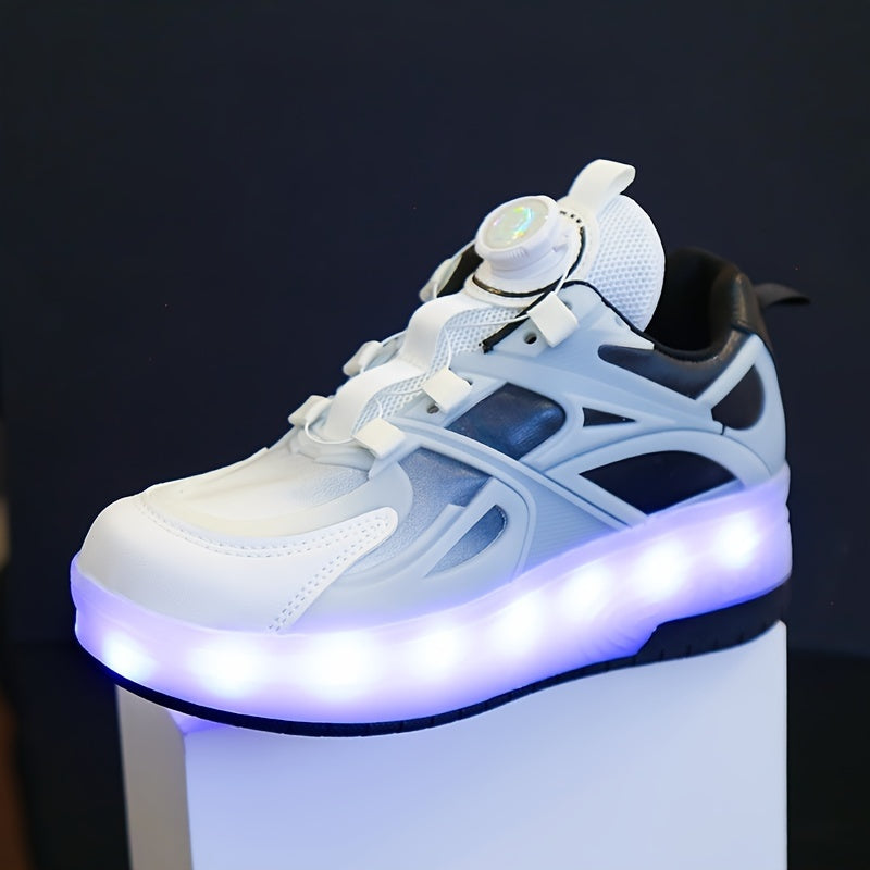 GUANGLAN Girls Fashion Vintage Preppy Sports Low Top Round Toe Roller Shoes, Flash LED Light Up, Rotating Buckle, Comfy Detachable Wheel, TPR Sole, Lithium Polymer Battery, Fabric Upper & Inner Material, for Boys, Girls, Casu