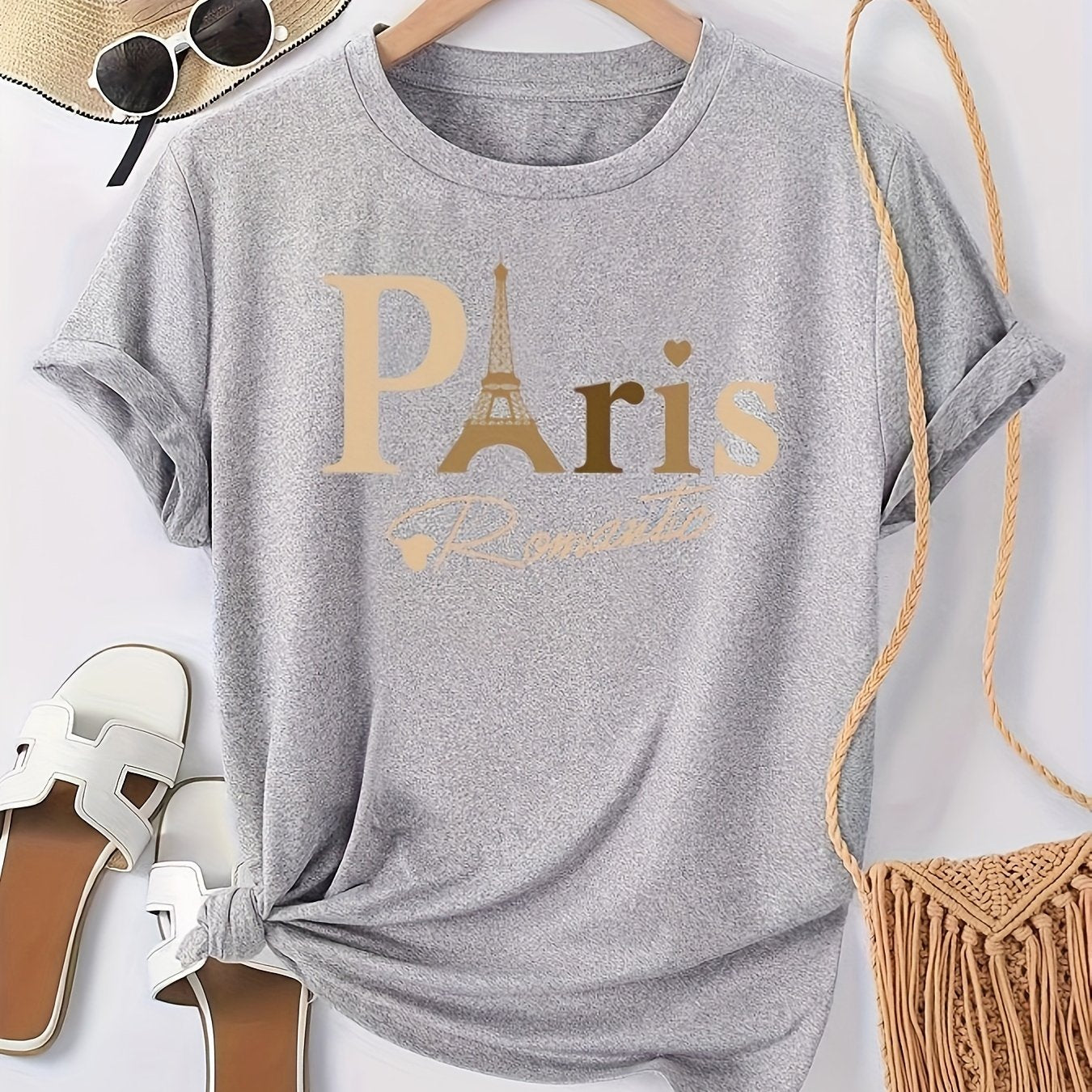 Paris Print Crew Neck T-shirt, Casual Short Sleeve Top For Spring & Summer, Women's Clothing