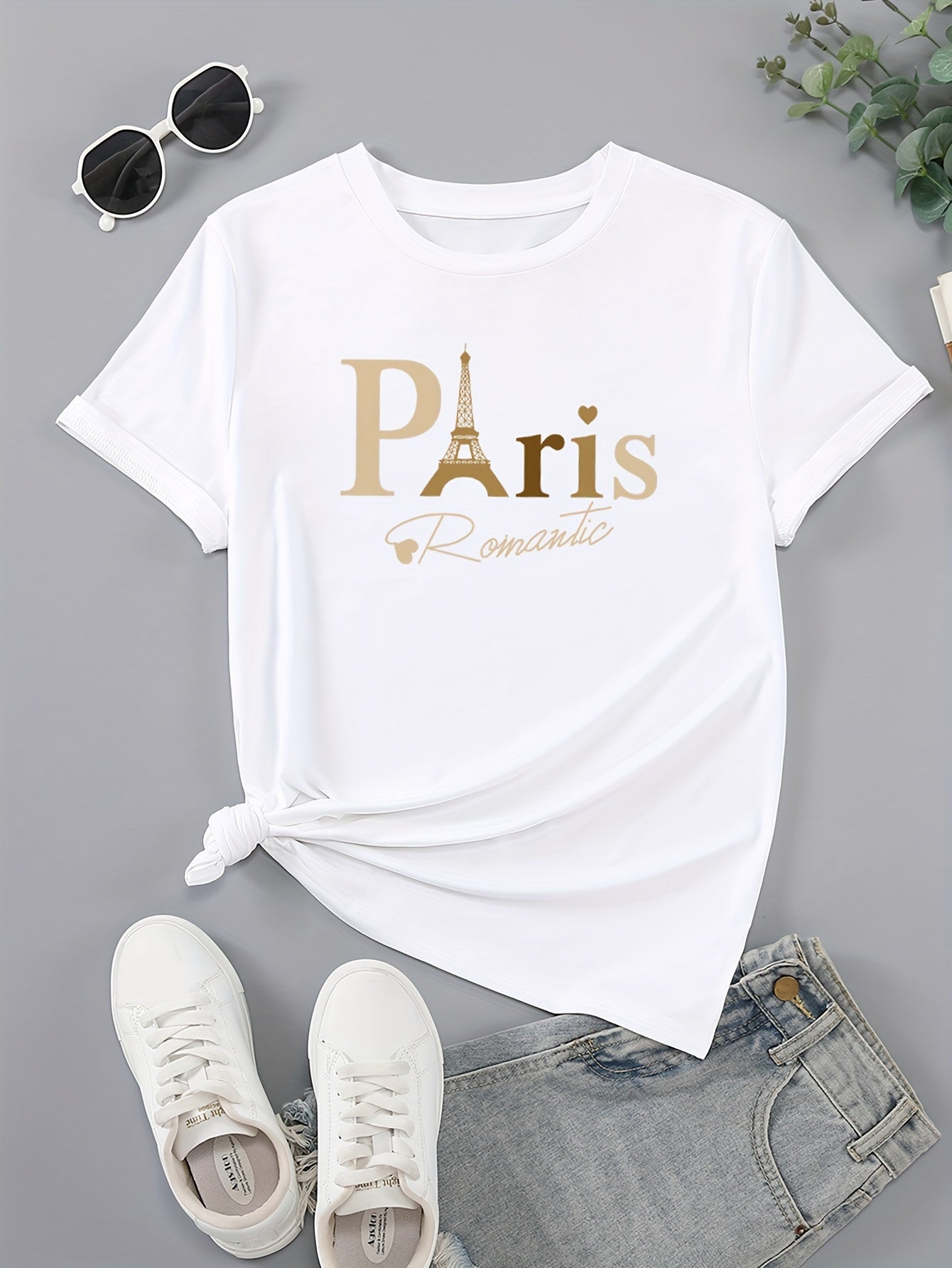 Paris Print Crew Neck T-shirt, Casual Short Sleeve Top For Spring & Summer, Women's Clothing