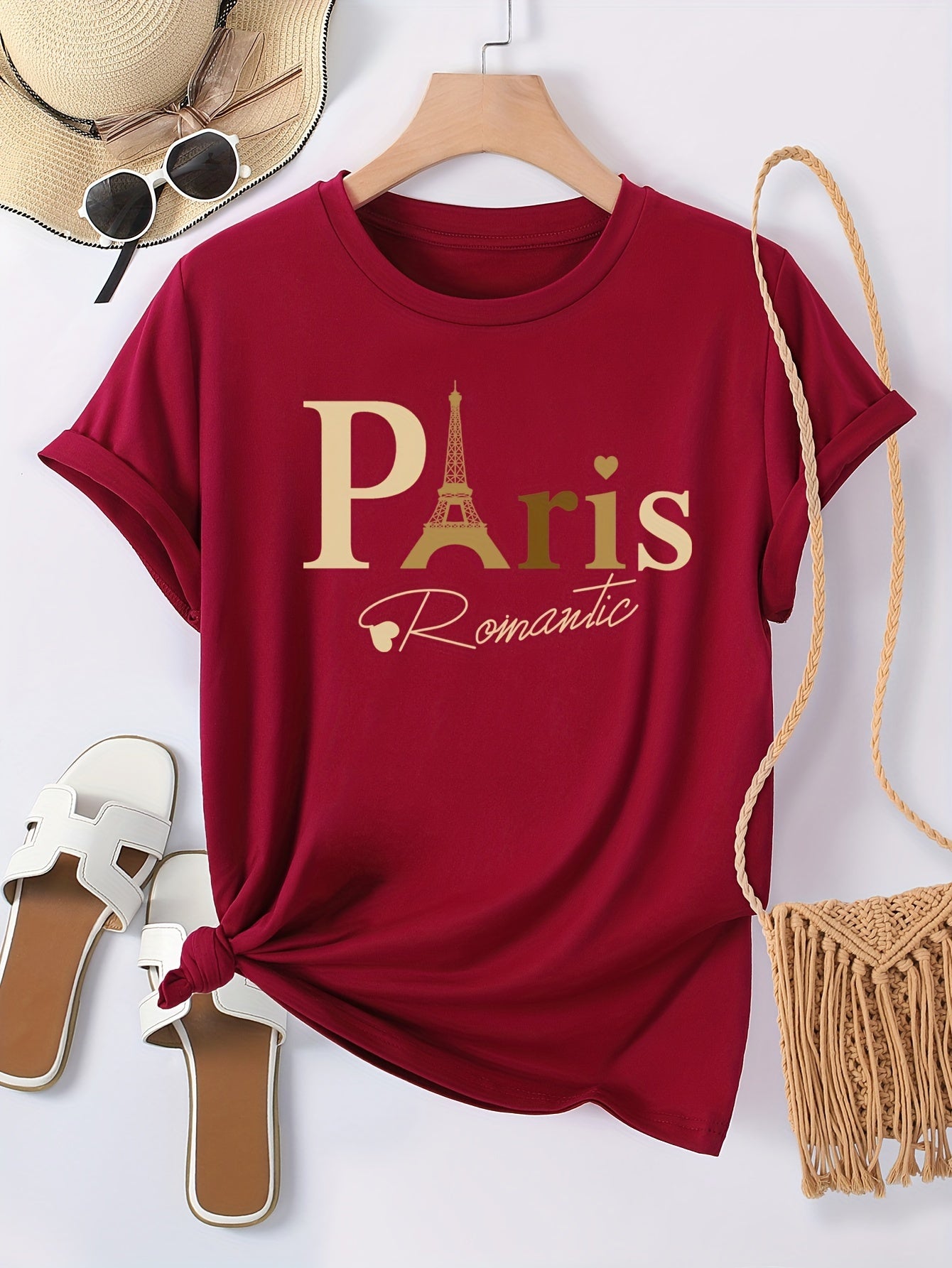 Paris Print Crew Neck T-shirt, Casual Short Sleeve Top For Spring & Summer, Women's Clothing