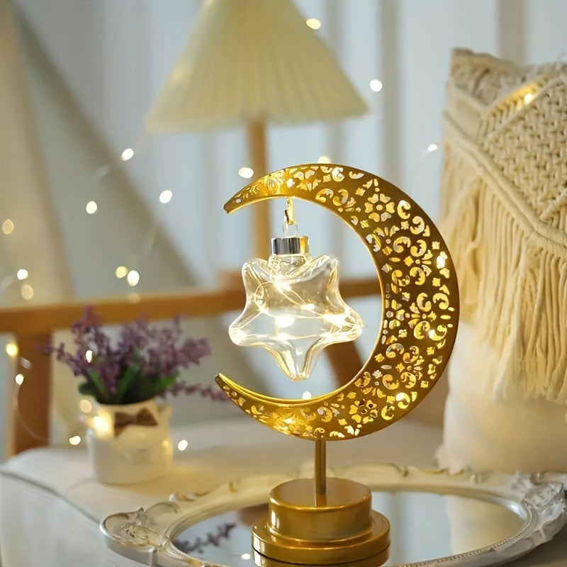 Ramadan Moon Star Iron Table Lamp - Battery-Operated Night Light for Festival and Bedroom Decor, Retro Style, Suitable for Ramadan and Valentine's Day