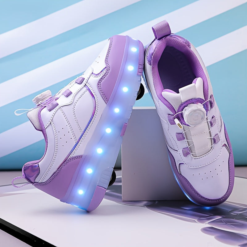 Girls' LED Roller Shoes with Retractable Wheels, Fashion Trendy Sports Skating Sneakers, All-Season Solid Color with Adjustable Brightness, Rotary Buckle Closure, PU Upper & Fabric Insole, TPR Sole - Lithium Polymer Battery,