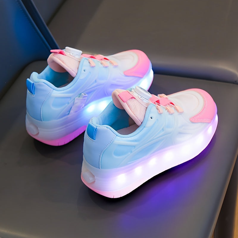 GUANGLAN Girls Fashion Vintage Preppy Sports Low Top Round Toe Roller Shoes, Flash LED Light Up, Rotating Buckle, Comfy Detachable Wheel, TPR Sole, Lithium Polymer Battery, Fabric Upper & Inner Material, for Boys, Girls, Casu