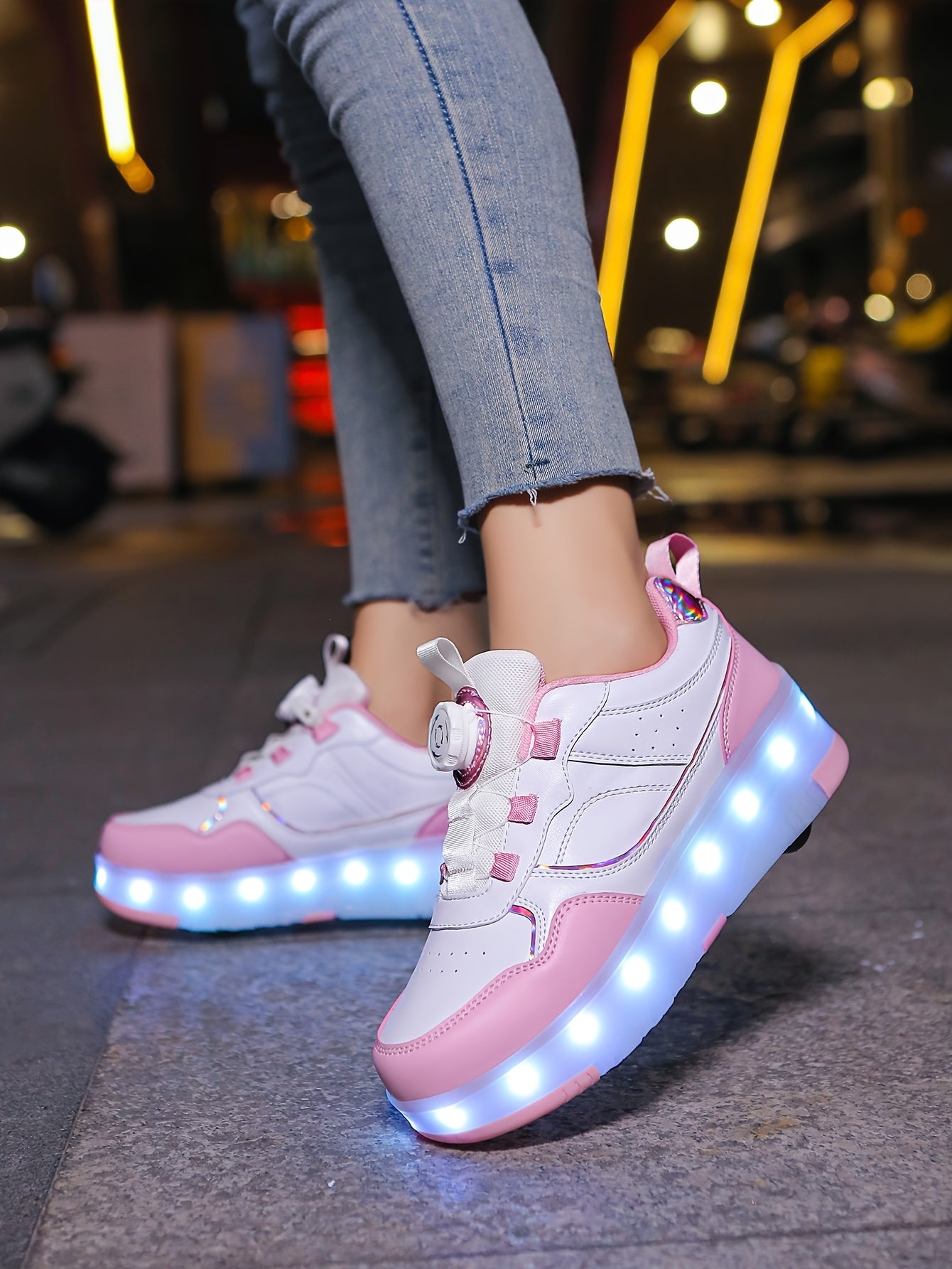 Girls' LED Roller Shoes with Retractable Wheels, Fashion Trendy Sports Skating Sneakers, All-Season Solid Color with Adjustable Brightness, Rotary Buckle Closure, PU Upper & Fabric Insole, TPR Sole - Lithium Polymer Battery,