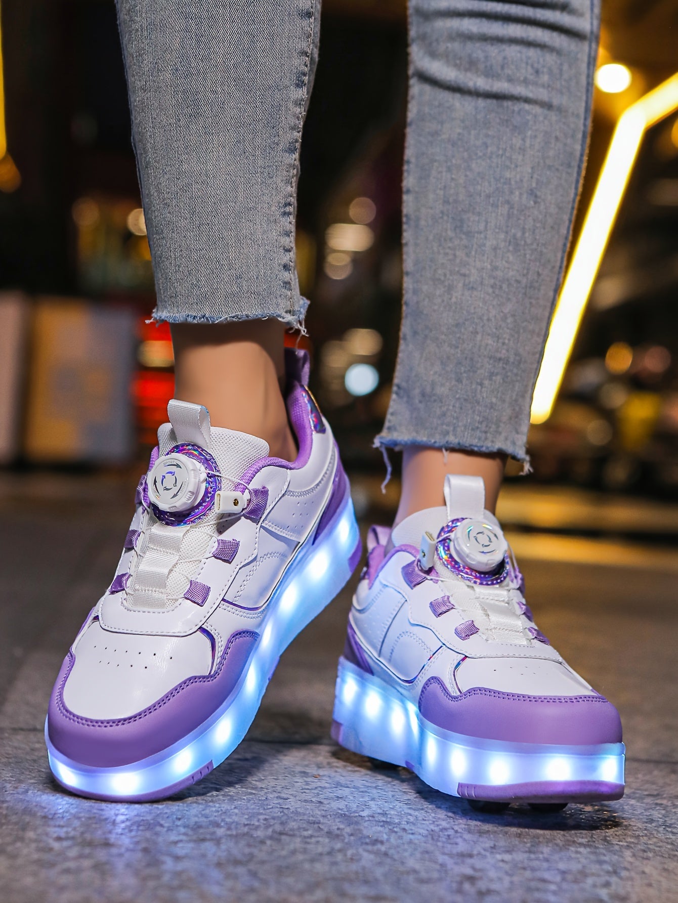 Girls' LED Roller Shoes with Retractable Wheels, Fashion Trendy Sports Skating Sneakers, All-Season Solid Color with Adjustable Brightness, Rotary Buckle Closure, PU Upper & Fabric Insole, TPR Sole - Lithium Polymer Battery,