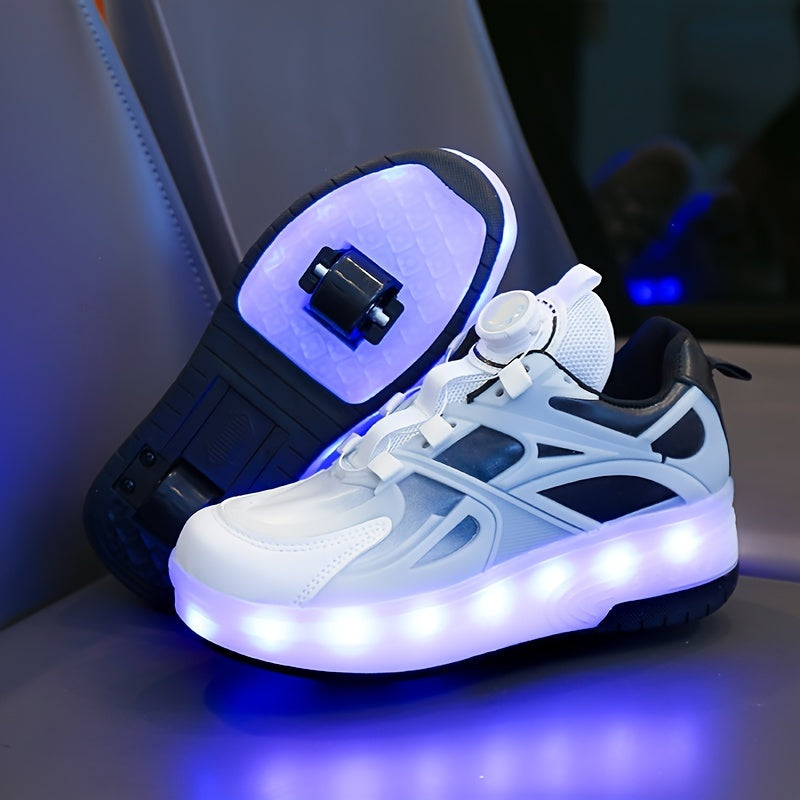 GUANGLAN Girls Fashion Vintage Preppy Sports Low Top Round Toe Roller Shoes, Flash LED Light Up, Rotating Buckle, Comfy Detachable Wheel, TPR Sole, Lithium Polymer Battery, Fabric Upper & Inner Material, for Boys, Girls, Casu