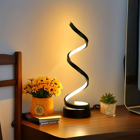 Spiral LED Table Lamp, Dimmable Gooseneck Metal Desk Light with Push Button Control, USB Powered, Adjustable Lighting, Polished Finish, for Office, Bedroom, Living Room - Gift Idea