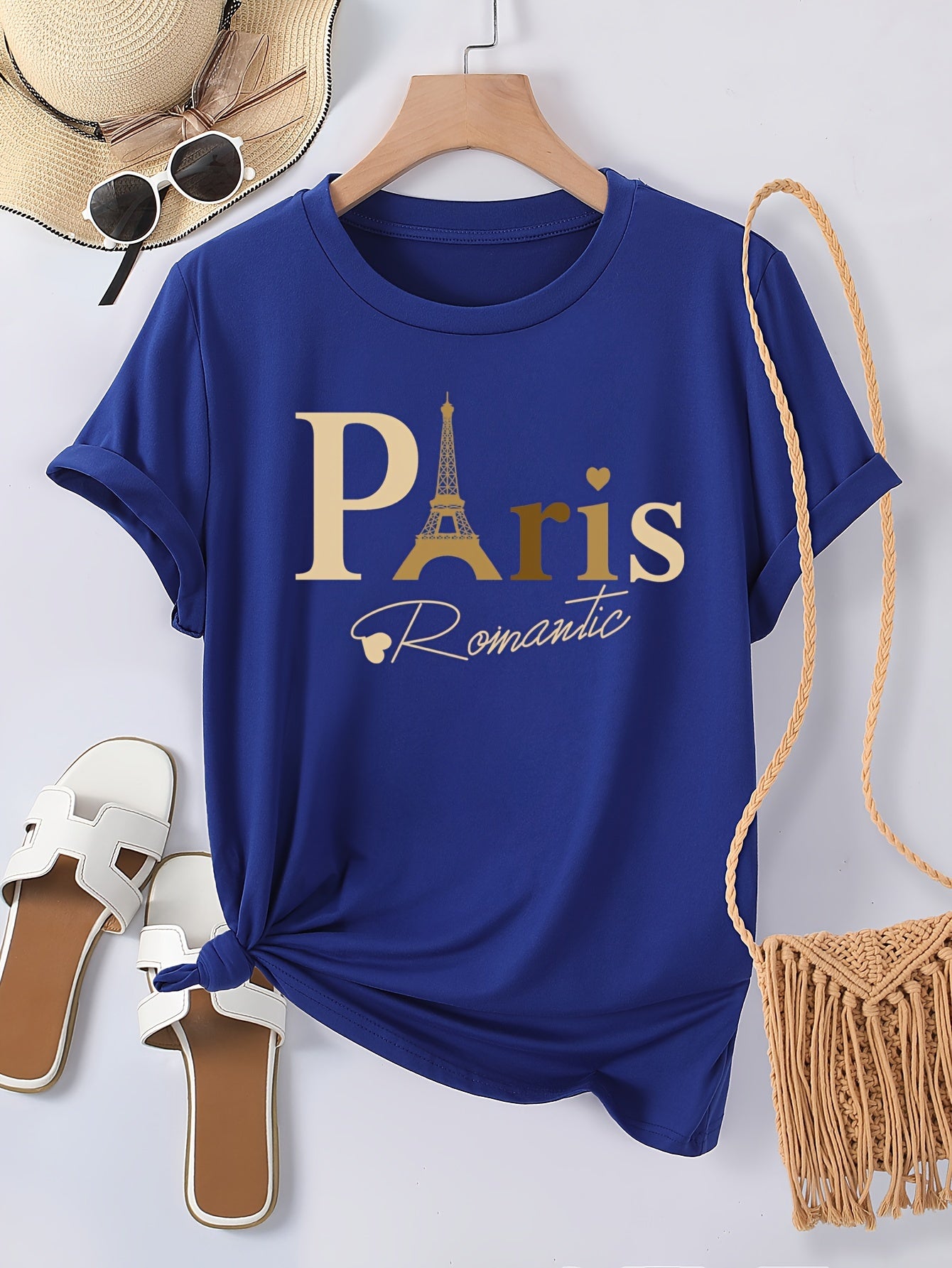 Paris Print Crew Neck T-shirt, Casual Short Sleeve Top For Spring & Summer, Women's Clothing