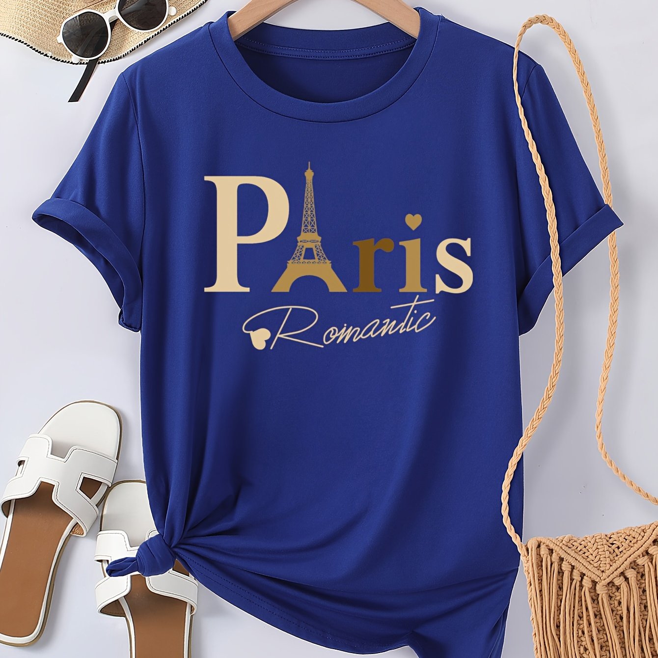 Paris Print Crew Neck T-shirt, Casual Short Sleeve Top For Spring & Summer, Women's Clothing