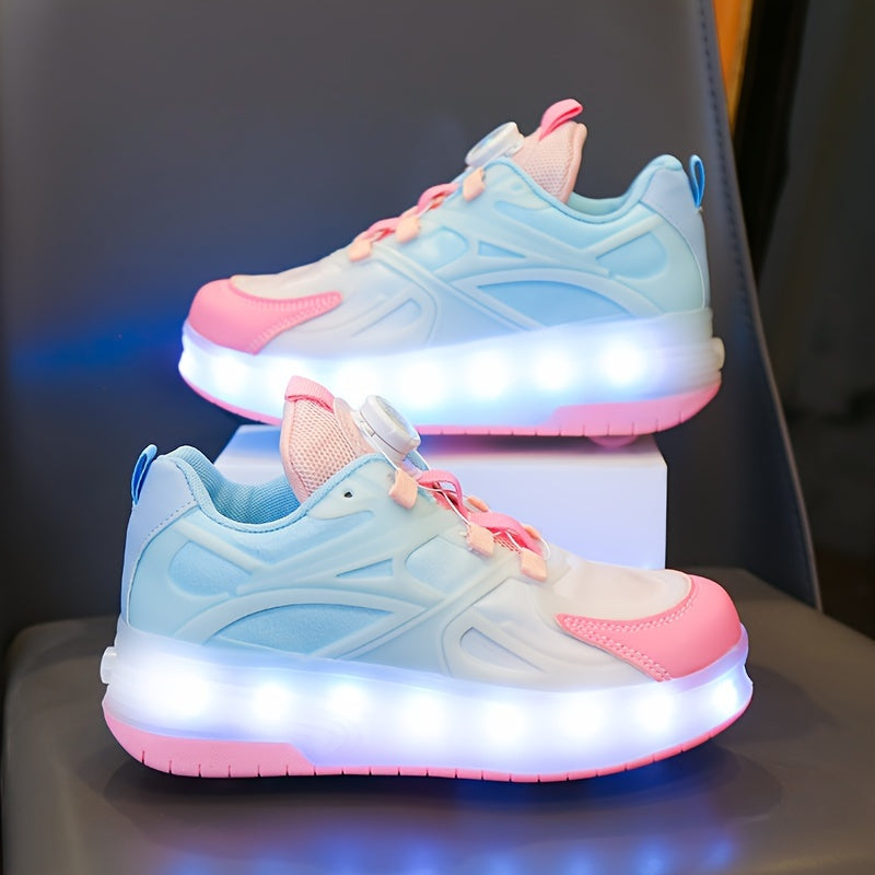 GUANGLAN Girls Fashion Vintage Preppy Sports Low Top Round Toe Roller Shoes, Flash LED Light Up, Rotating Buckle, Comfy Detachable Wheel, TPR Sole, Lithium Polymer Battery, Fabric Upper & Inner Material, for Boys, Girls, Casu