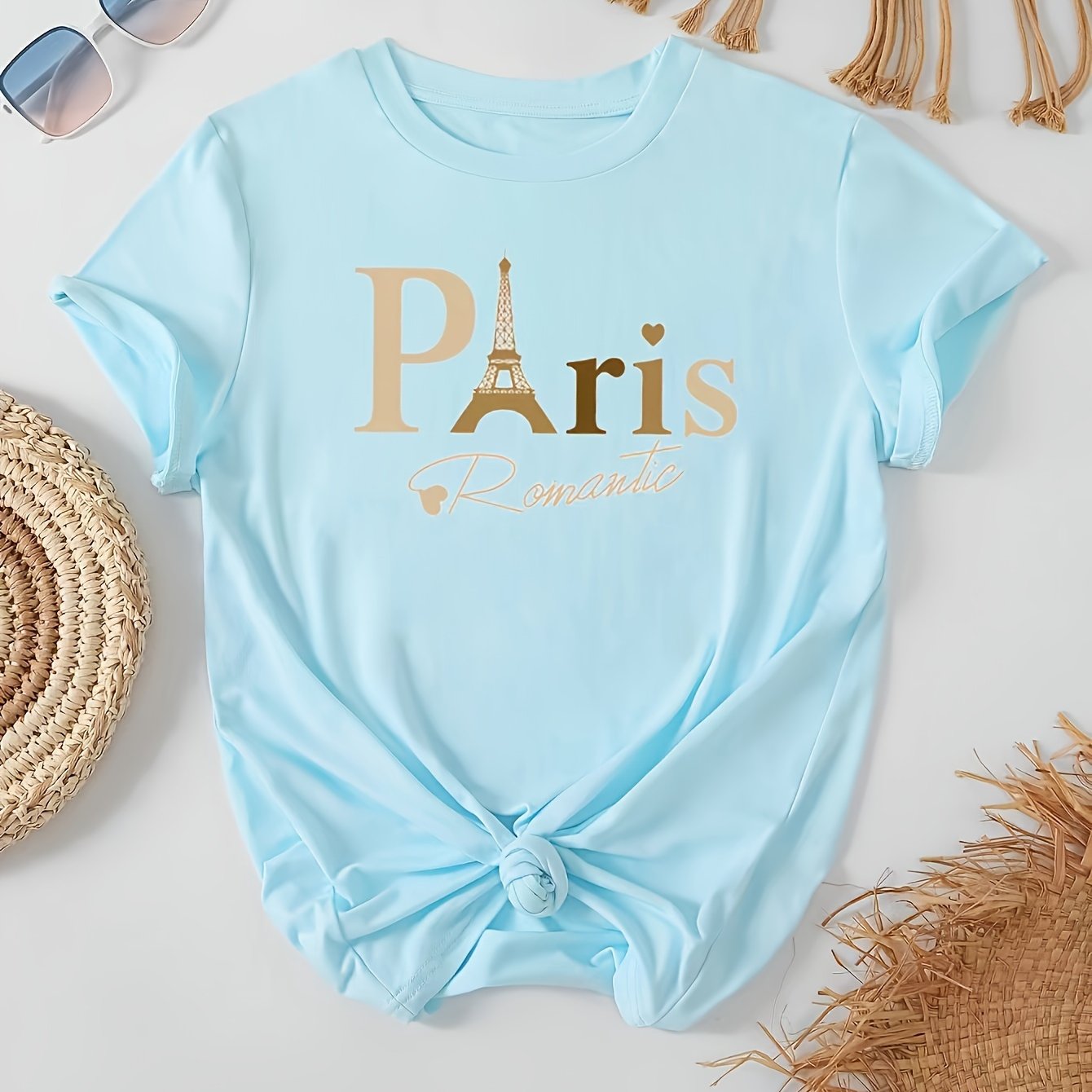 Paris Print Crew Neck T-shirt, Casual Short Sleeve Top For Spring & Summer, Women's Clothing