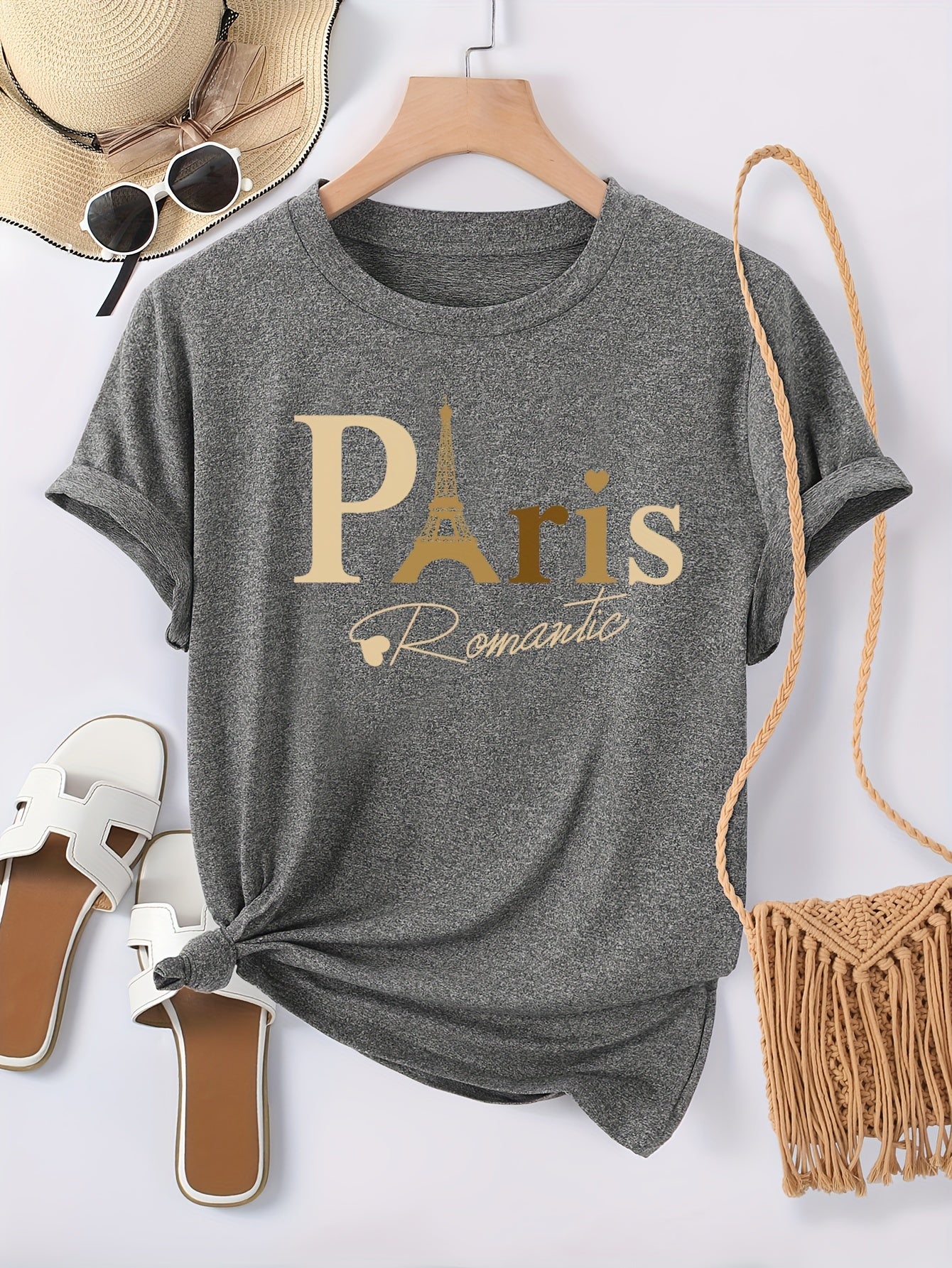 Paris Print Crew Neck T-shirt, Casual Short Sleeve Top For Spring & Summer, Women's Clothing