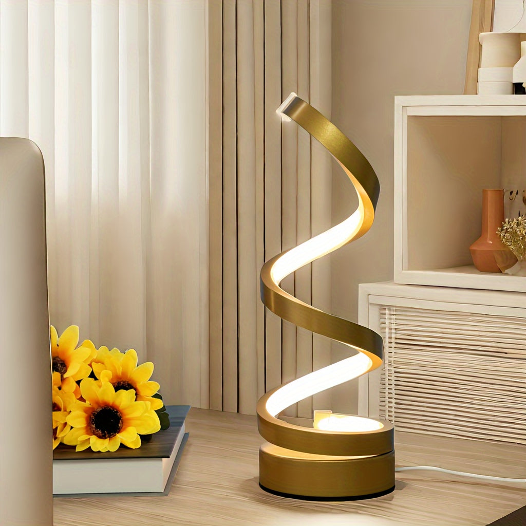 Spiral LED Table Lamp, Dimmable Gooseneck Metal Desk Light with Push Button Control, USB Powered, Adjustable Lighting, Polished Finish, for Office, Bedroom, Living Room - Gift Idea