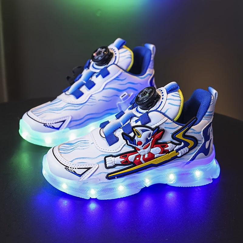 GUANGLAN Boys Trendy Cool Cartoon Sneakers With Rotating Button & USB Charging LED Light, Wear-resistant Non-slip Skateboard Shoes For All Seasons