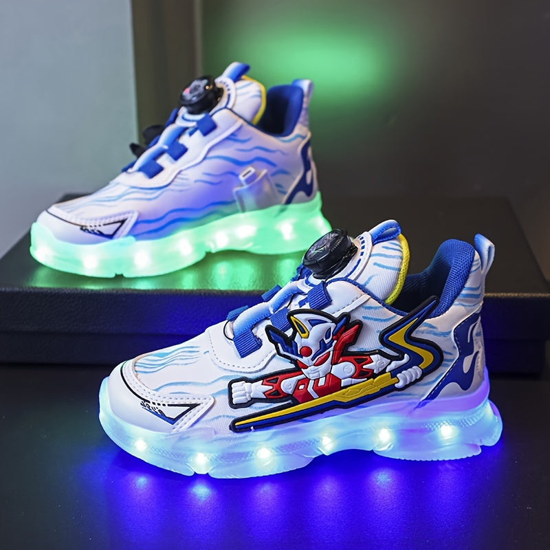 GUANGLAN Boys Trendy Cool Cartoon Sneakers With Rotating Button & USB Charging LED Light, Wear-resistant Non-slip Skateboard Shoes For All Seasons