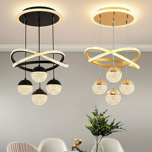 Modern LED Pendant Light with Acrylic Spheres – 4-Light Design, Dimmable & Adjustable Height, Golden Accents for Dining Room, Bedroom, or Living Room Ceiling Fixture, Hallway Pendant | Minimalist Chandelier | Glasslike Sphe