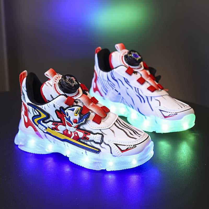 GUANGLAN Boys Trendy Cool Cartoon Sneakers With Rotating Button & USB Charging LED Light, Wear-resistant Non-slip Skateboard Shoes For All Seasons