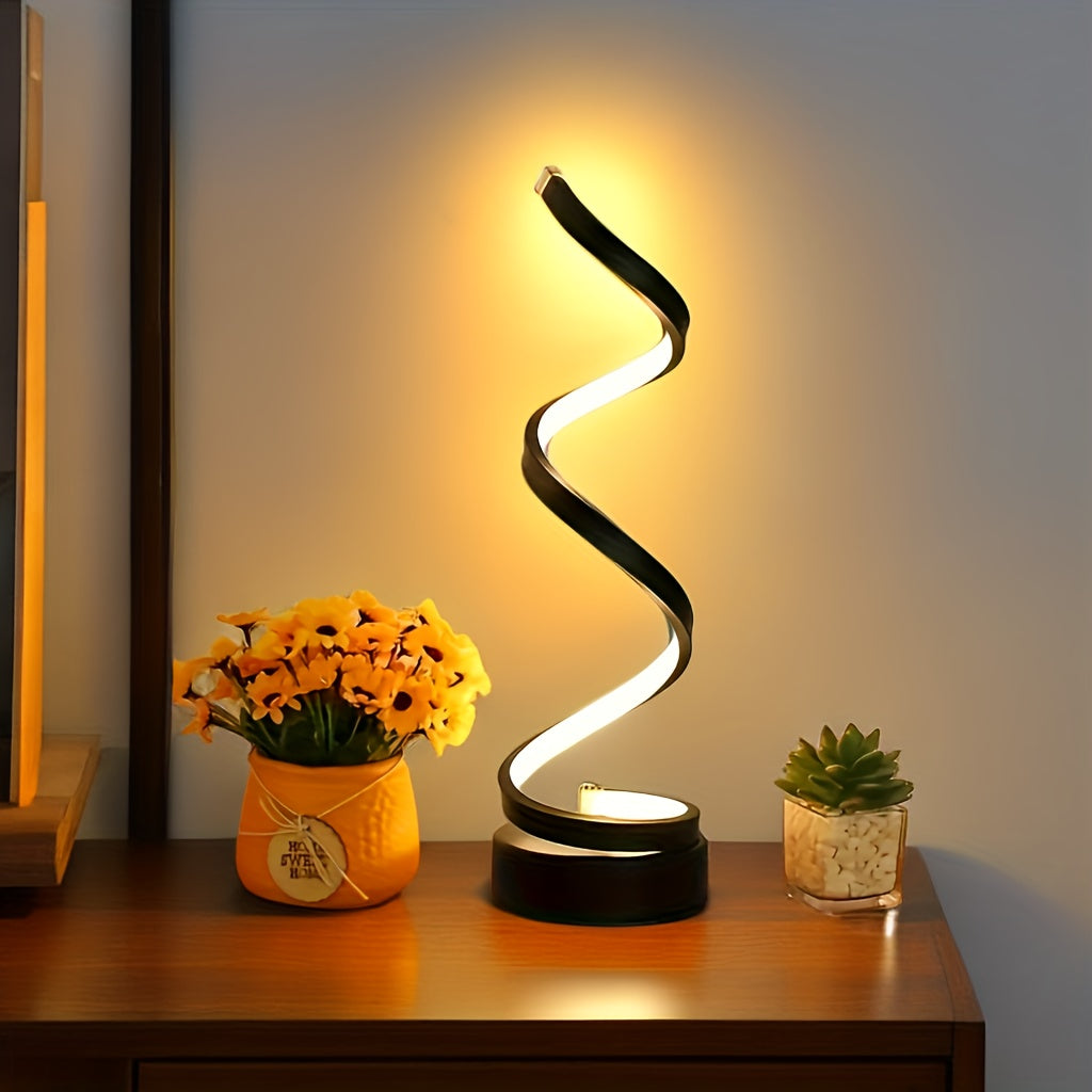 Spiral LED Table Lamp, Dimmable Gooseneck Metal Desk Light with Push Button Control, USB Powered, Adjustable Lighting, Polished Finish, for Office, Bedroom, Living Room - Gift Idea