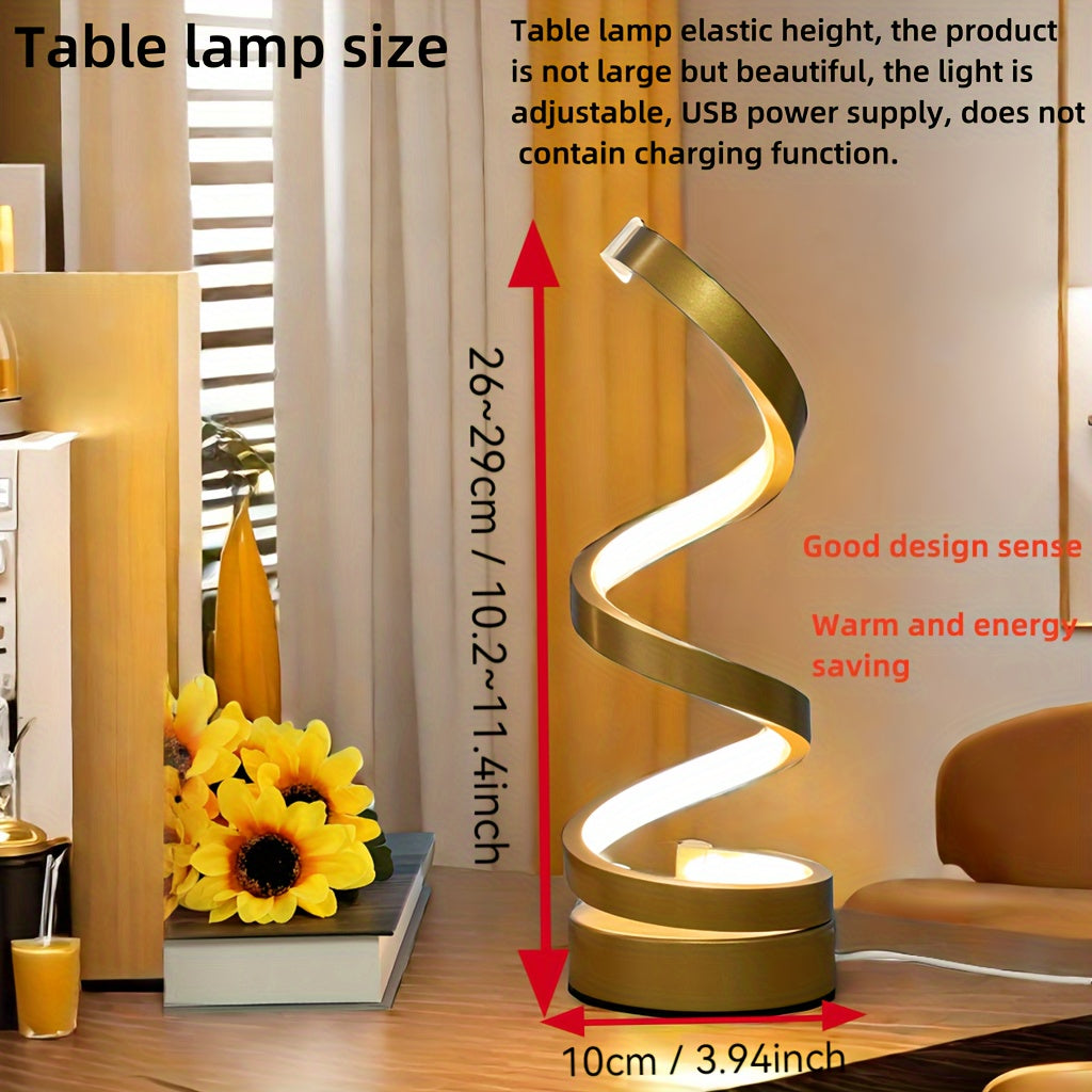 Spiral LED Table Lamp, Dimmable Gooseneck Metal Desk Light with Push Button Control, USB Powered, Adjustable Lighting, Polished Finish, for Office, Bedroom, Living Room - Gift Idea