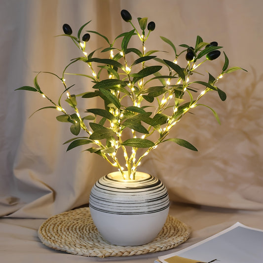 1pc LED Faux Olive Branch Tree Light With Metallic Wire, Battery-Powered Decorative Lamp For Home, Switch Control, Multi-color, Great For Birthdays And Holiday Decor, Lighting And Decor Accessory