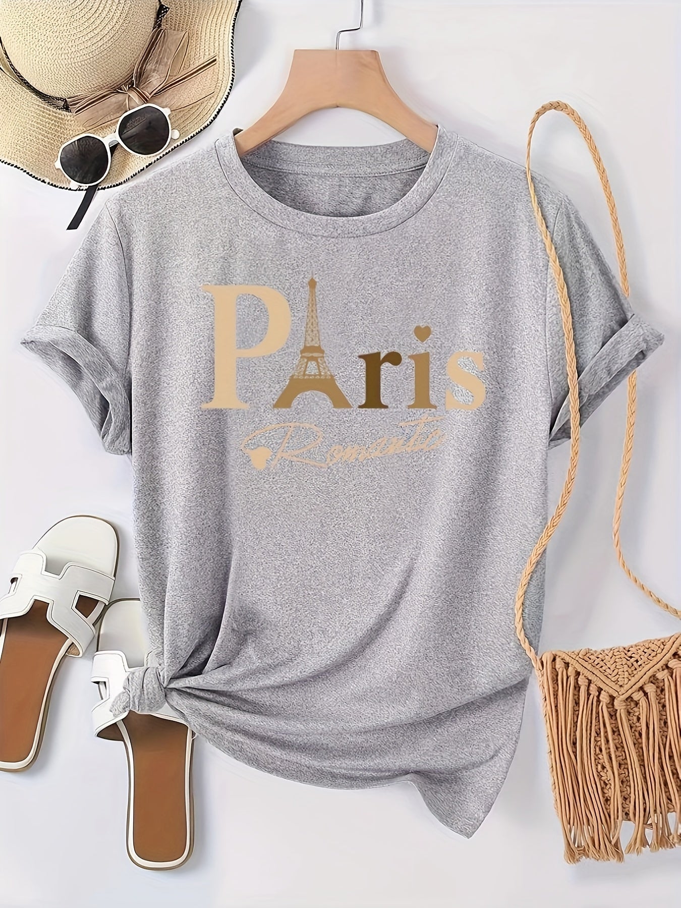 Paris Print Crew Neck T-shirt, Casual Short Sleeve Top For Spring & Summer, Women's Clothing