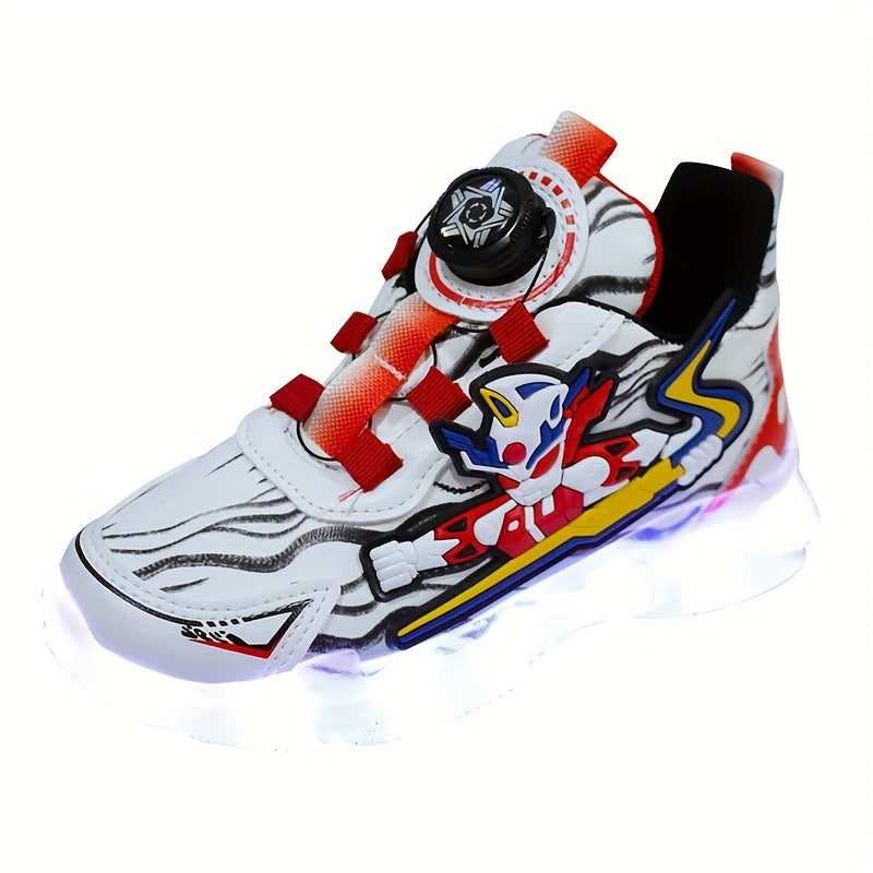 GUANGLAN Boys Trendy Cool Cartoon Sneakers With Rotating Button & USB Charging LED Light, Wear-resistant Non-slip Skateboard Shoes For All Seasons