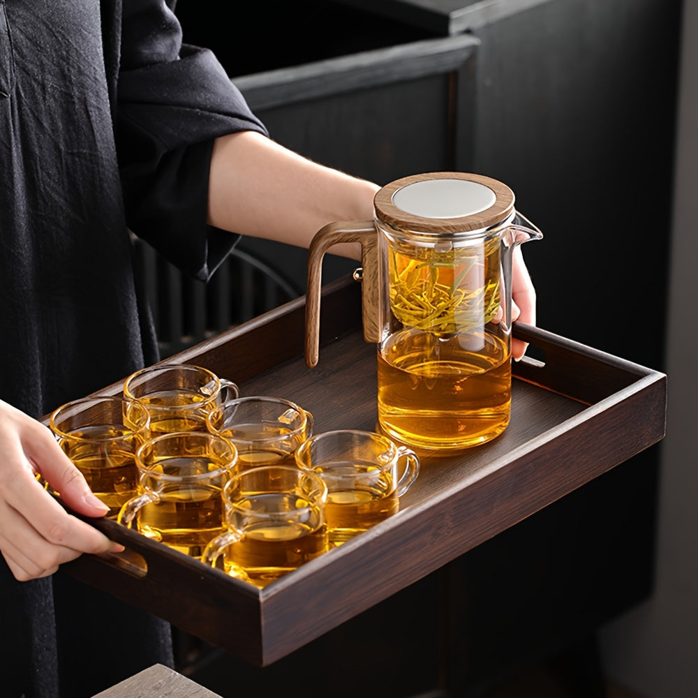 1pc Clear Glass Teapot with Wooden Handle, Magnetic Infuser Strainer, Dual Infusers, Press Control, Water Separation, No Pattern, for Loose Leaf Tea Brewing