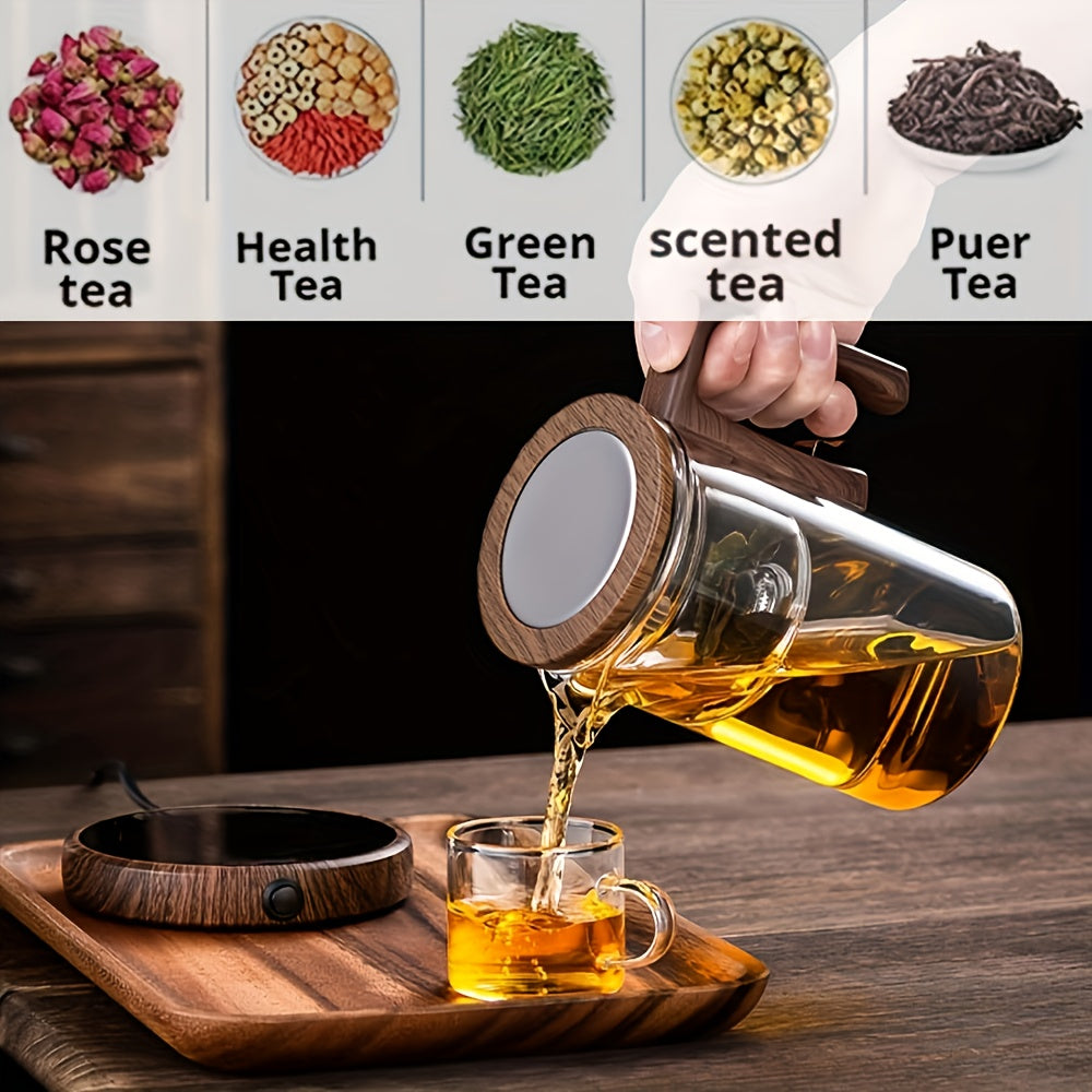 1pc Clear Glass Teapot with Wooden Handle, Magnetic Infuser Strainer, Dual Infusers, Press Control, Water Separation, No Pattern, for Loose Leaf Tea Brewing