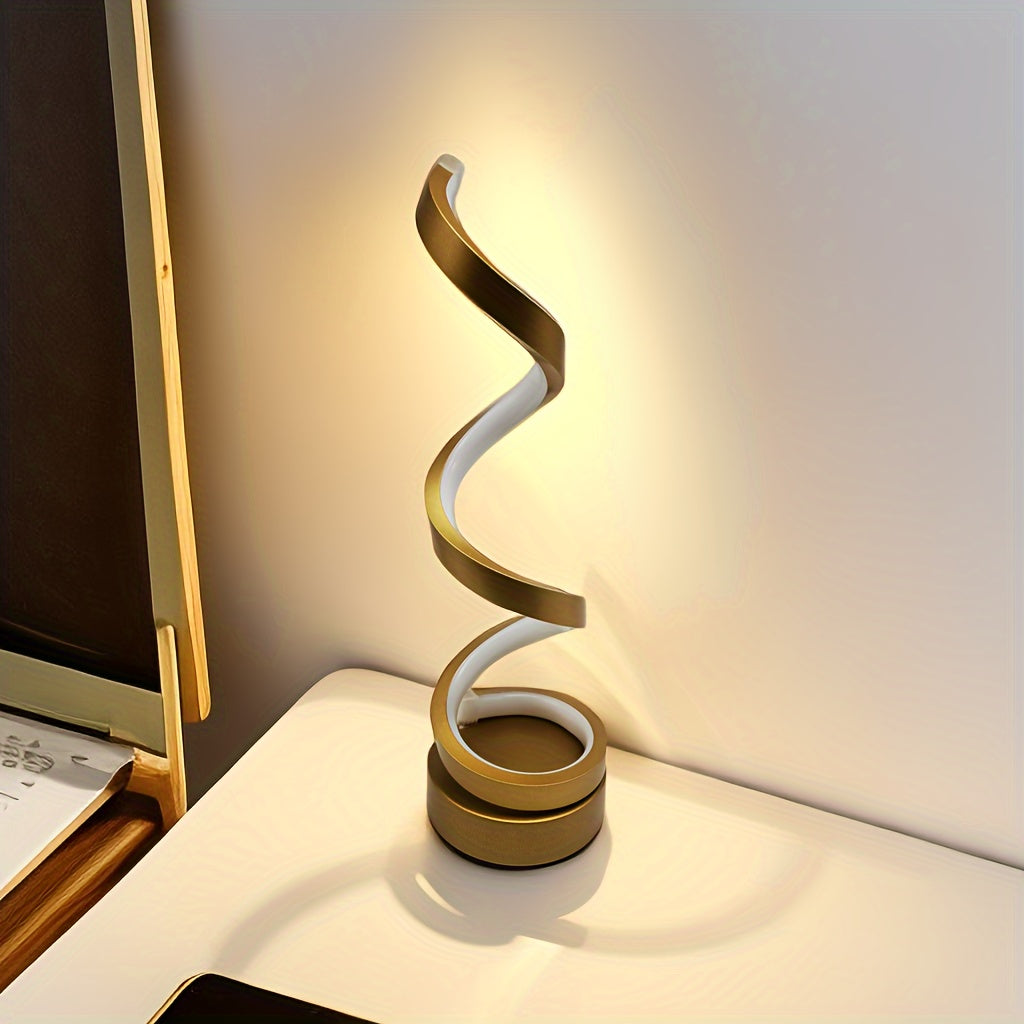 Spiral LED Table Lamp, Dimmable Gooseneck Metal Desk Light with Push Button Control, USB Powered, Adjustable Lighting, Polished Finish, for Office, Bedroom, Living Room - Gift Idea