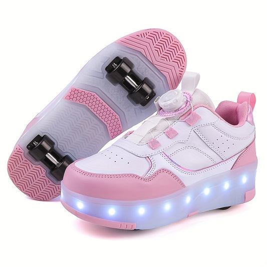 Girls' LED Roller Shoes with Retractable Wheels, Fashion Trendy Sports Skating Sneakers, All-Season Solid Color with Adjustable Brightness, Rotary Buckle Closure, PU Upper & Fabric Insole, TPR Sole - Lithium Polymer Battery,