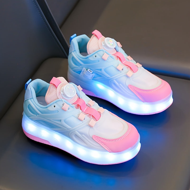 GUANGLAN Girls Fashion Vintage Preppy Sports Low Top Round Toe Roller Shoes, Flash LED Light Up, Rotating Buckle, Comfy Detachable Wheel, TPR Sole, Lithium Polymer Battery, Fabric Upper & Inner Material, for Boys, Girls, Casu