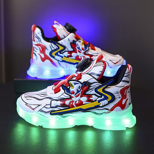 GUANGLAN Boys Trendy Cool Cartoon Sneakers With Rotating Button & USB Charging LED Light, Wear-resistant Non-slip Skateboard Shoes For All Seasons